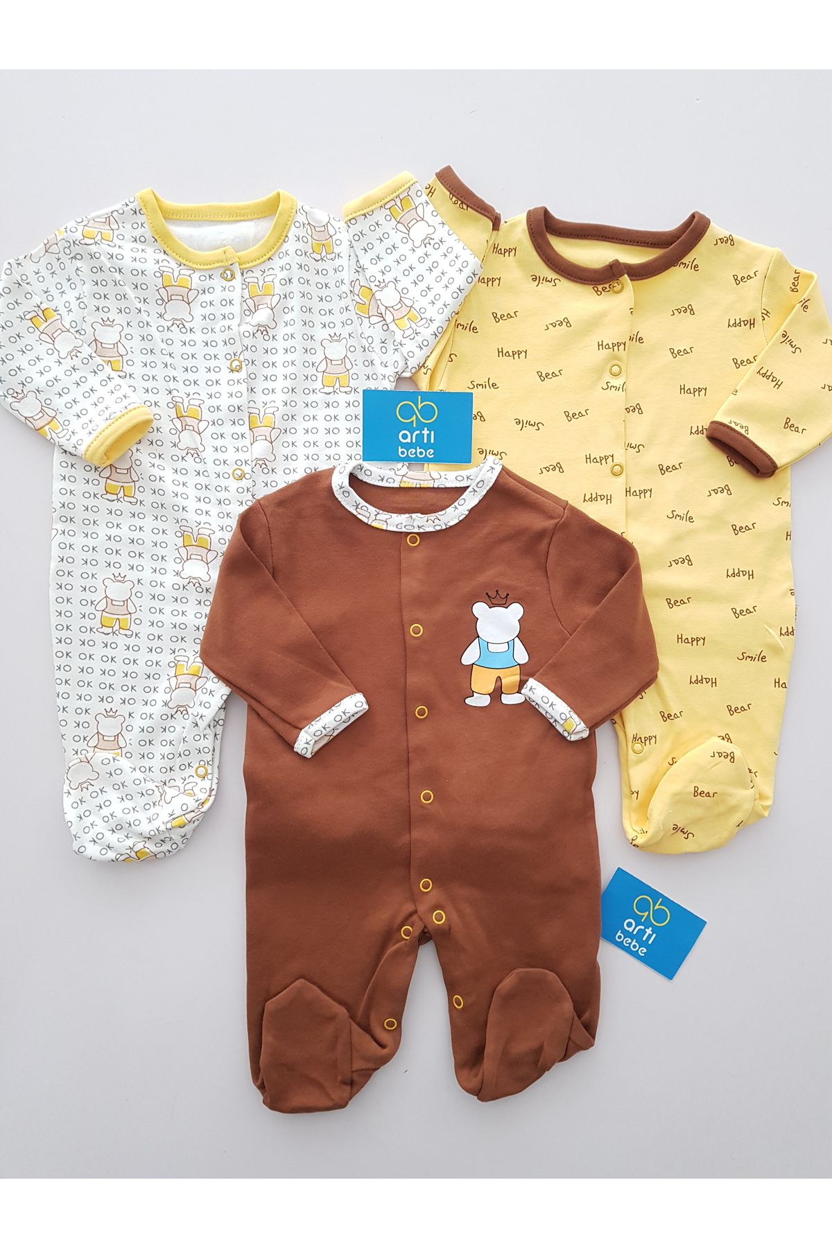 artıbebe Ayılı 3lü Bebek Tulumu , %100 Pamuklu Bebek Tulum Yenidoğan