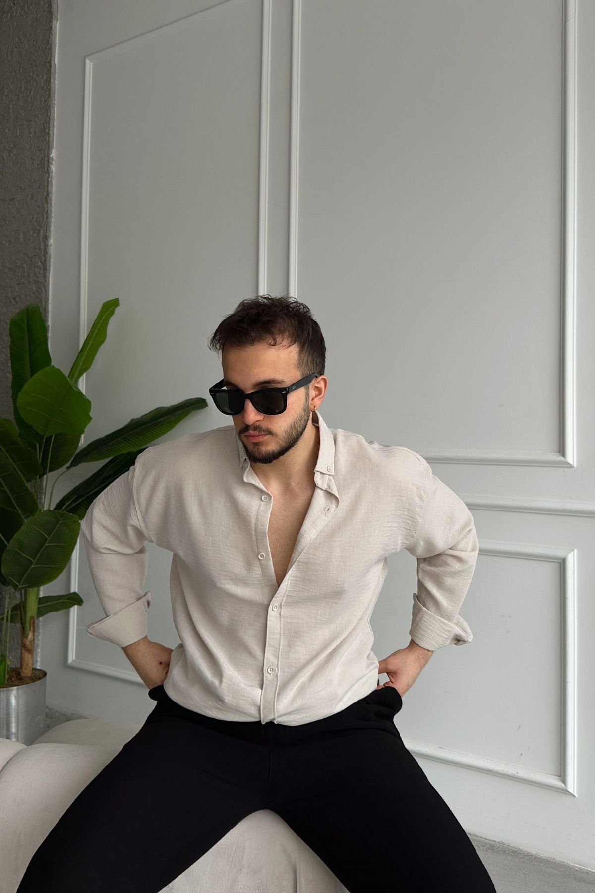 Livio Ferri  Napas Erkek Oversize Keten Görünümlü Gömlek - Görsel 8