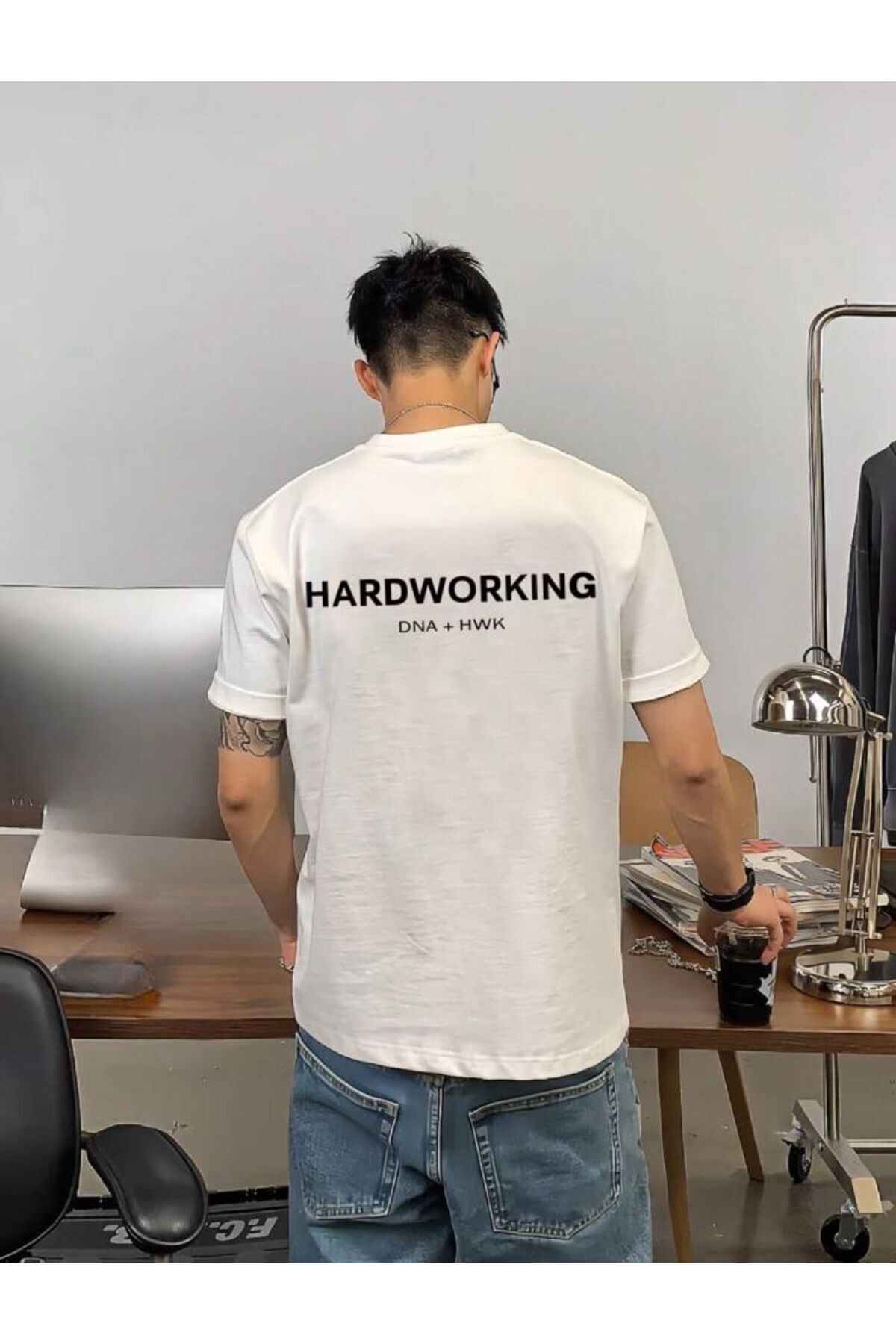 NEMESA Erkek Oversize HardWorking Baskılı Bisiklet Yaka T-shirt