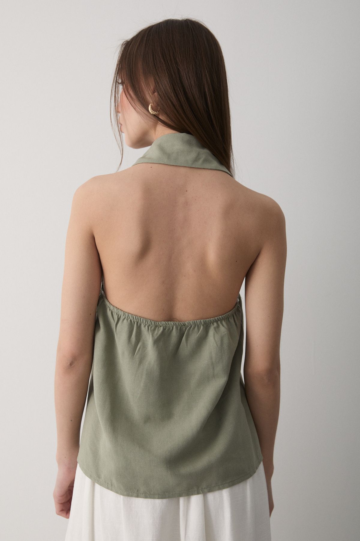 JASTE-Women's Khaki Collared Zero Sleeve Linen Blouse with Open Elastic Back 6