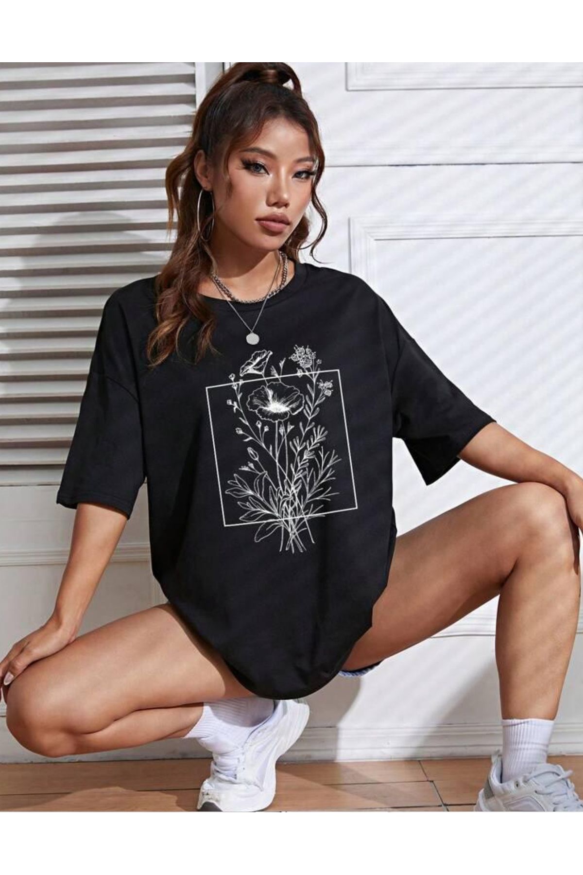 NEMESA Unısex Kadın/Erkek Baskılı Oversize Düşük Kol Bisiklet Yaka T-Shirt