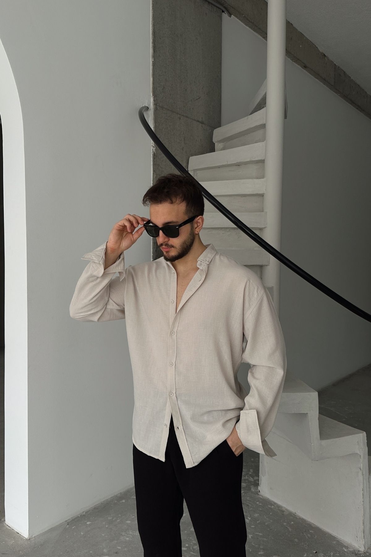 Livio Ferri  Napas Erkek Oversize Keten Görünümlü Gömlek - Görsel 4