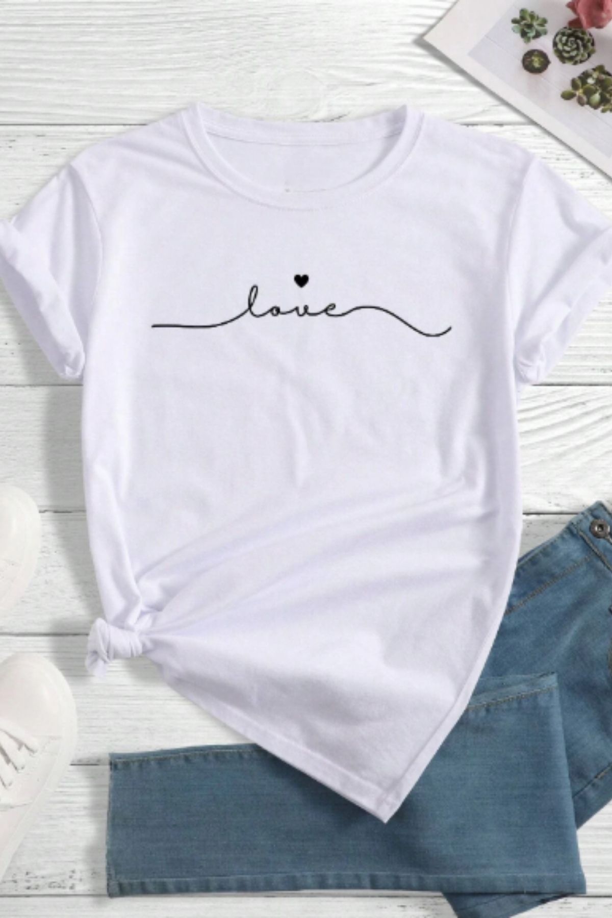NEMESA Kadın/Kız Love Ve Kalp Baskılı Oversize Düşük Kol Bisiklet Yaka T-Shirt