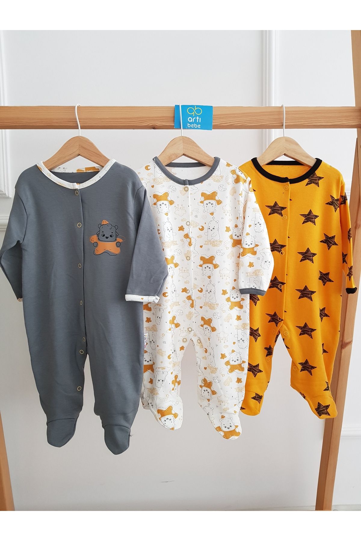 artıbebe Yıldızlı 3lü Bebek Tulumu , %100 Pamuklu Bebek Tulum Yenidoğan