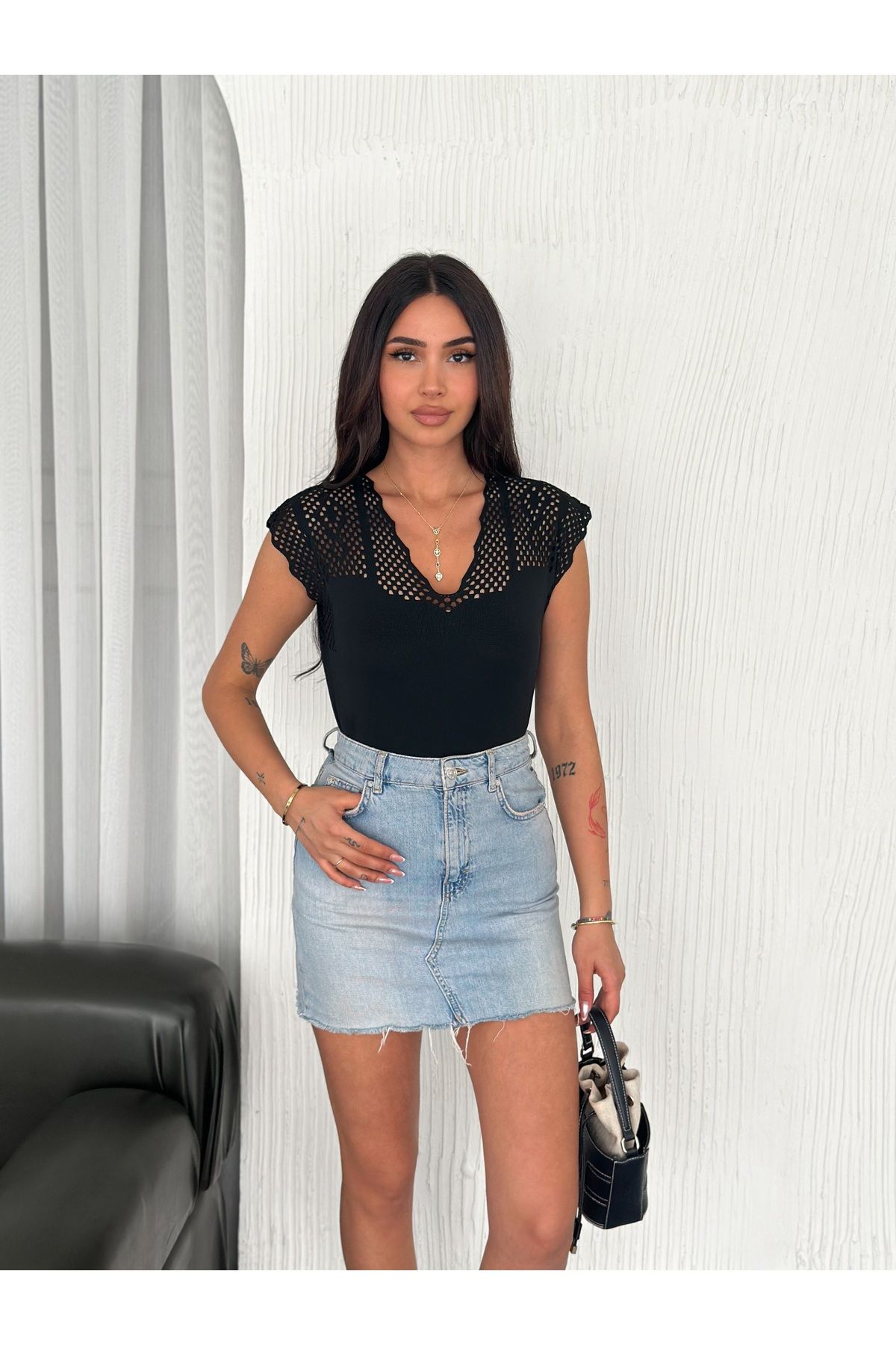 SBL COLLECTION Kadın V Yaka Ajurlu Bluz