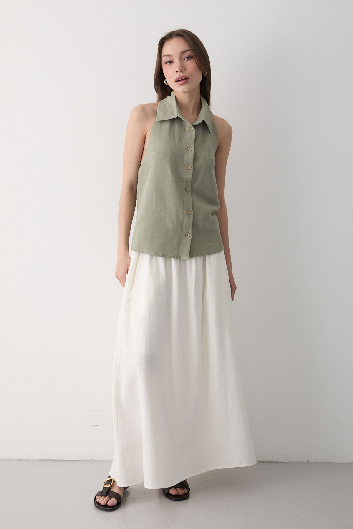JASTE-Women's Khaki Collared Zero Sleeve Linen Blouse with Open Elastic Back 2