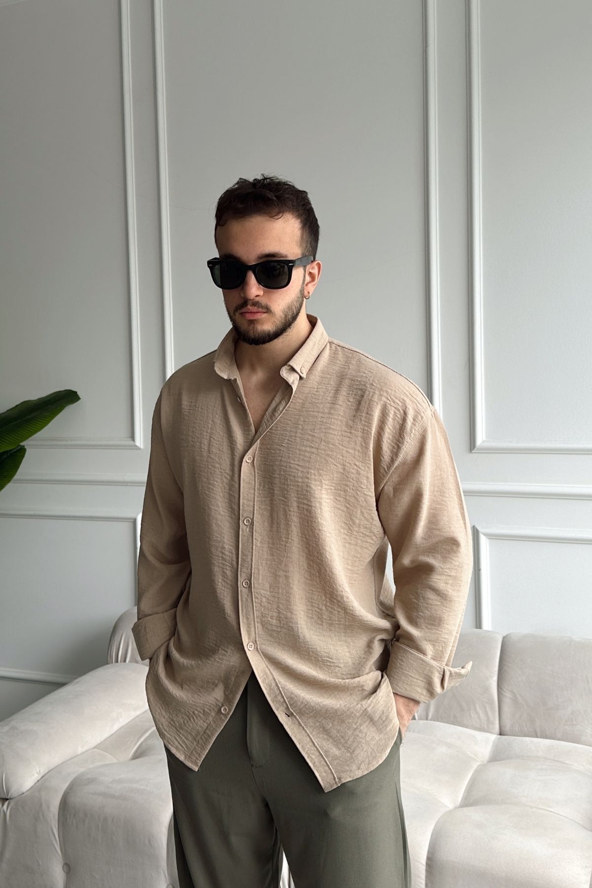 Livio Ferri  Napas Erkek Oversize Keten Görünümlü Gömlek - Görsel 5