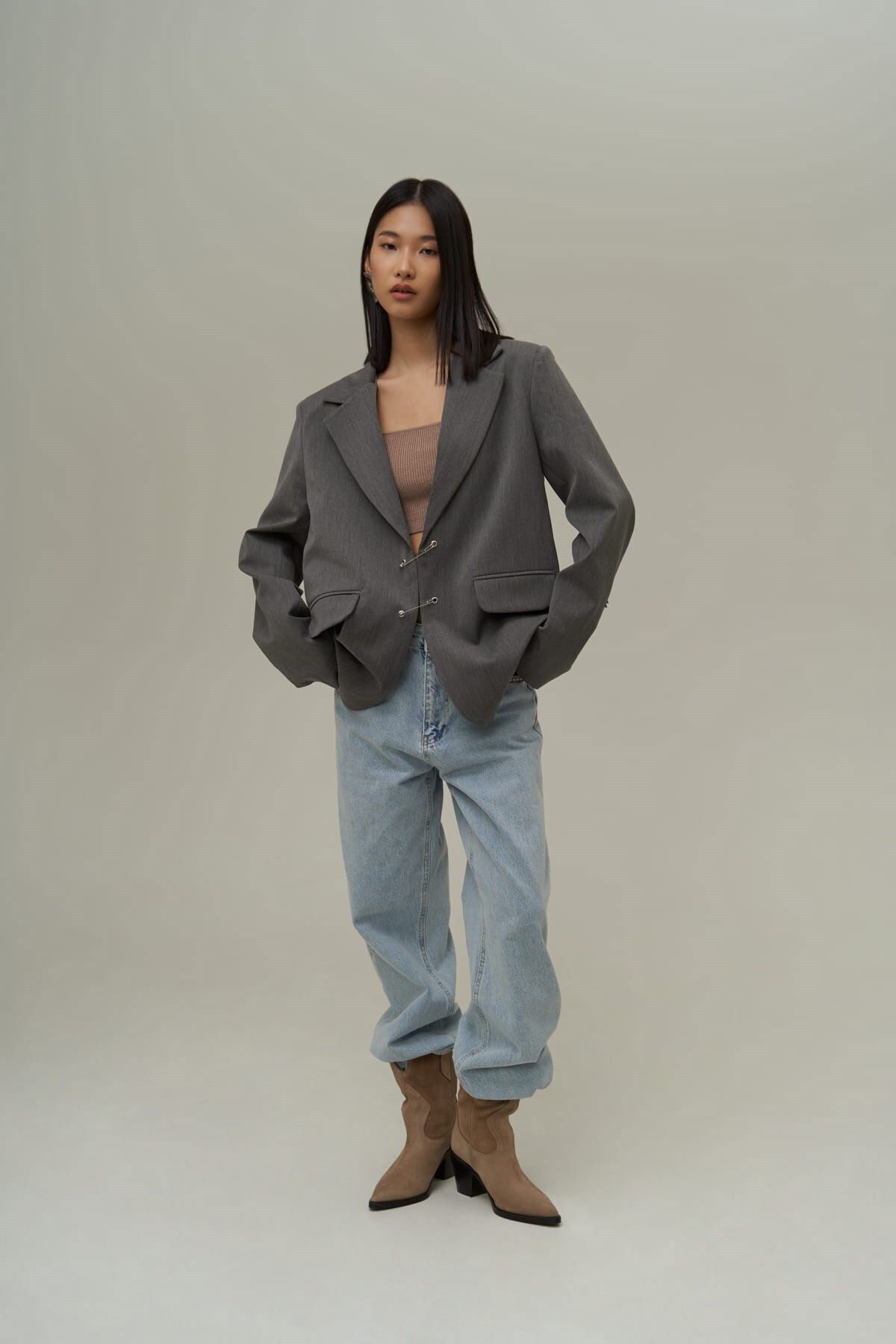 MAİ COLLECTİON-Lana Hook Detail Smoked Blazer Jacket 2