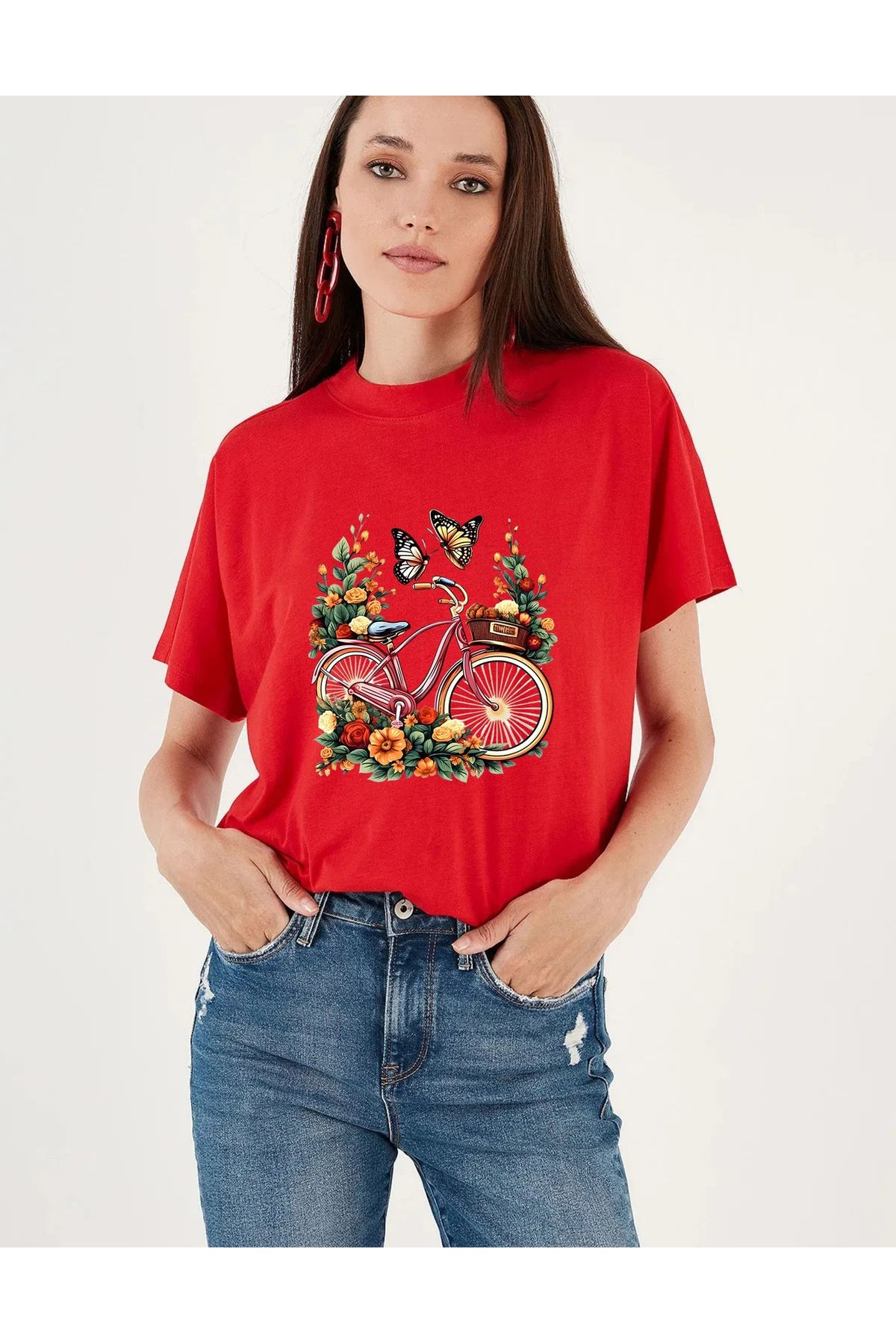 NEMESA Unısex Kadın/Erkek Baskılı Oversize Düşük Kol Bisiklet Yaka T-Shirt