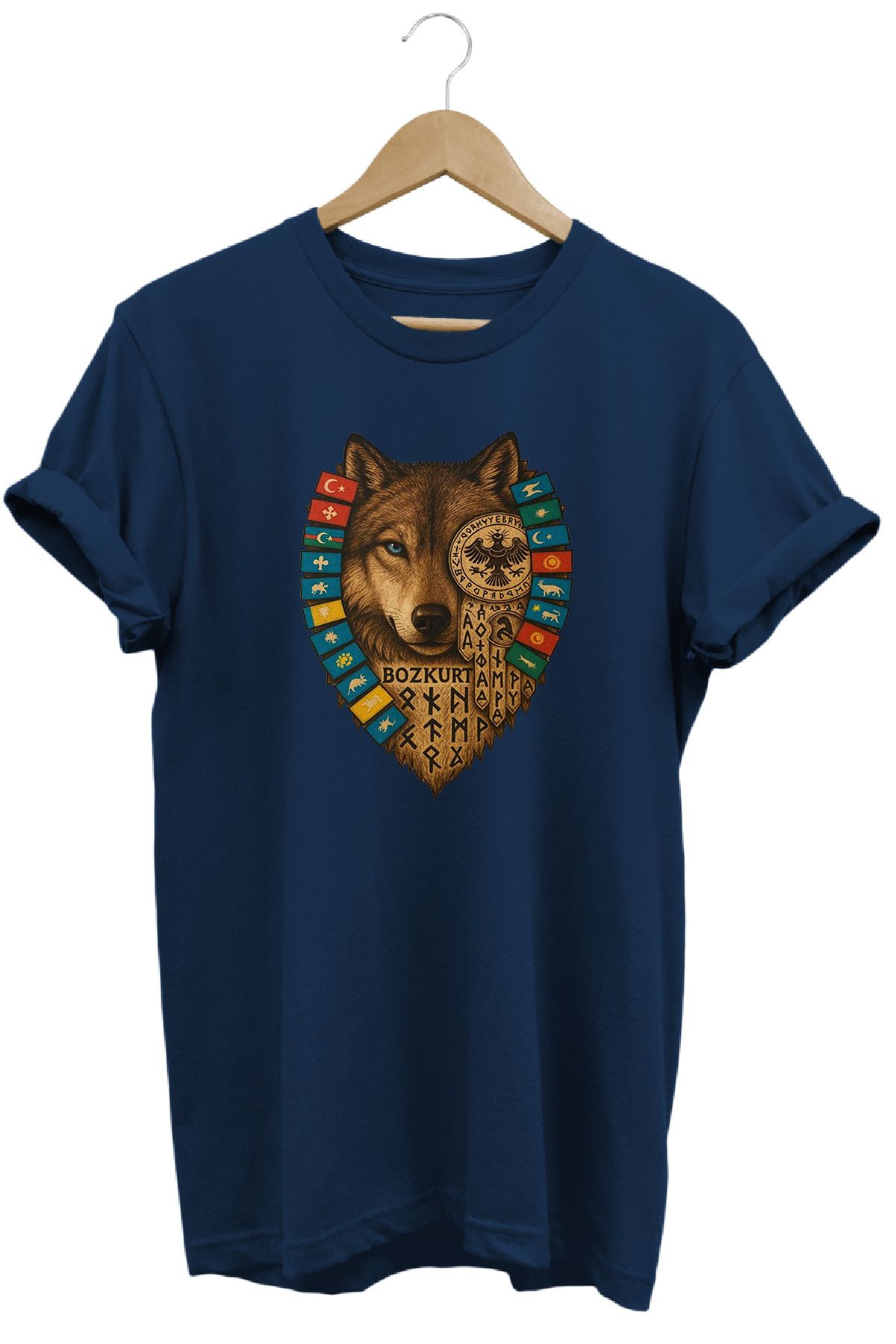 remonz Bozkurt Türk Devletleri Baskılı %100 Pamuk Regular Fit Bisiklet Yaka T-shirt