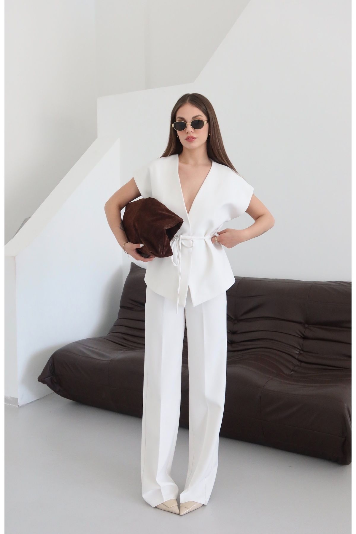Laluvia-Ecru Juana Vest Pipe Leg Trousers Set - 9567 7