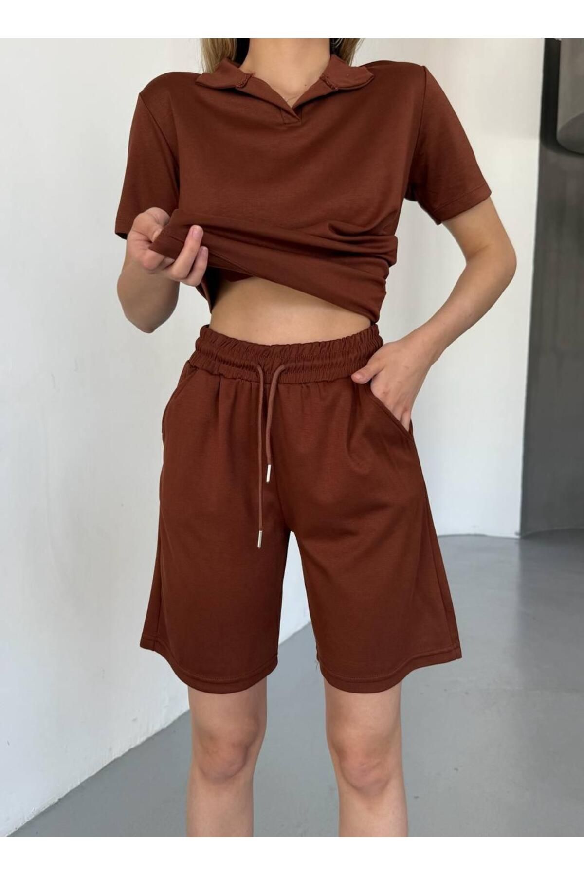 NEAR Modal Kumaş Yakalı Kısa Kollu Kadın Eşofman Takımı, Şortlu, Bağcıklı Yumuşak Kumaş, Modern Tasarım