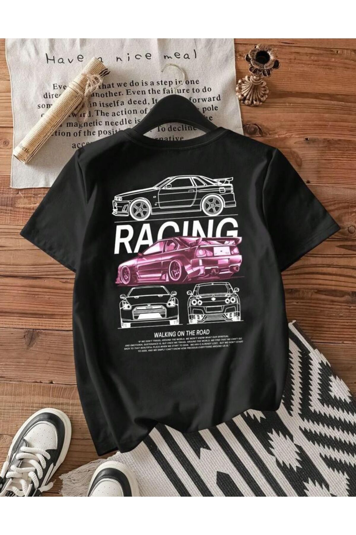 NEMESA Unısex Kadın/Erkek Baskılı Oversize Düşük Kol Bisiklet Yaka T-Shirt