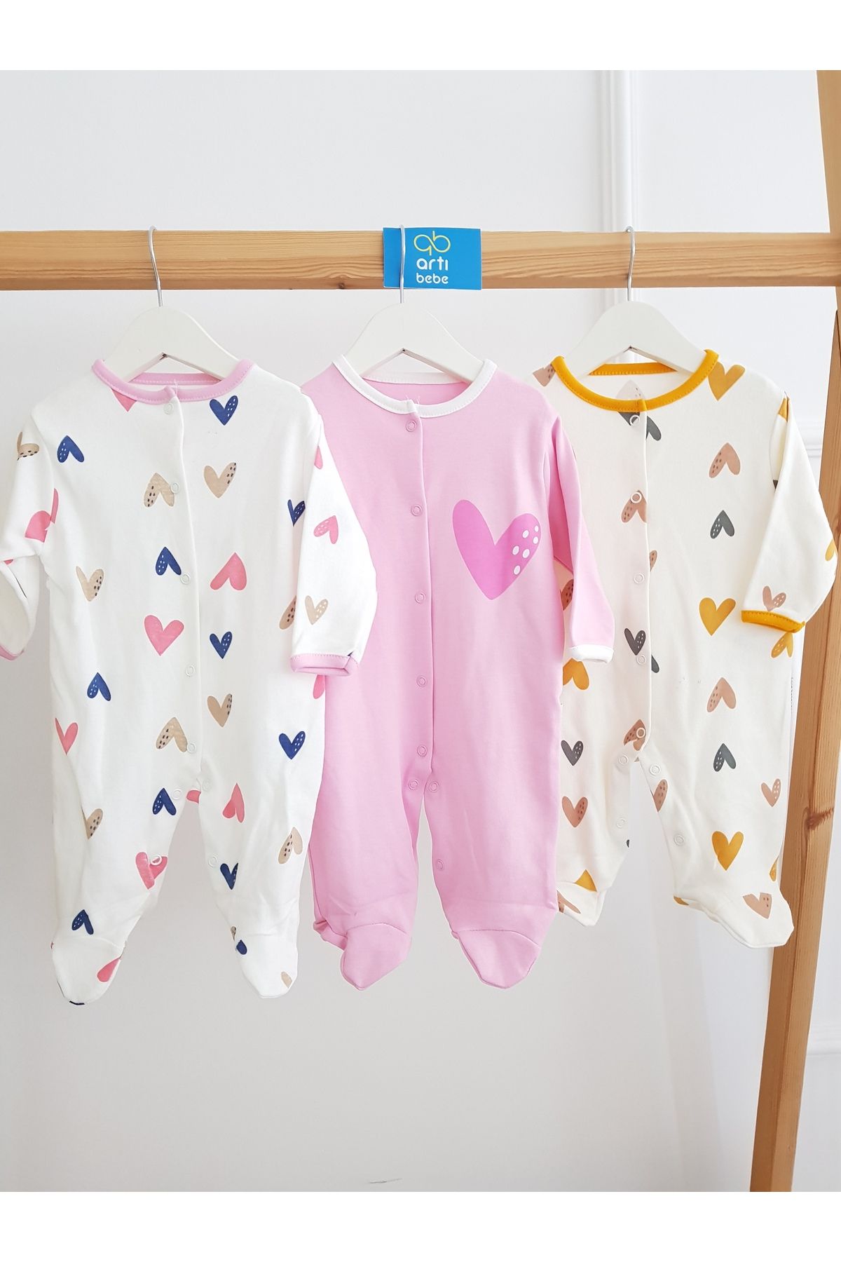 artıbebe Kalpli 3lü Bebek Tulumu , %100 Pamuklu Bebek Tulum Yenidoğan