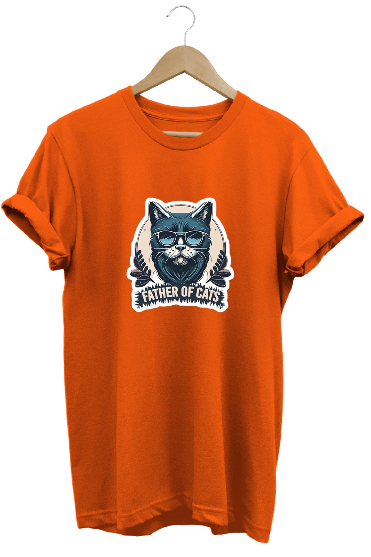 remonz Father of Cats Kedilerin Babası Baskılı %100 Pamuk Regular Fit Bisiklet Yaka T-shirt