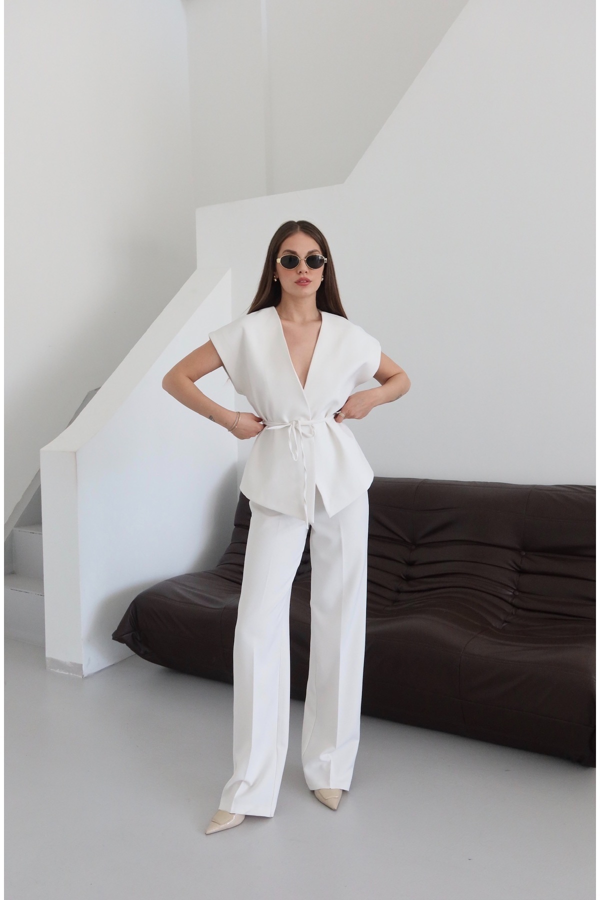 Laluvia-Ecru Juana Vest Pipe Leg Trousers Set - 9567 4