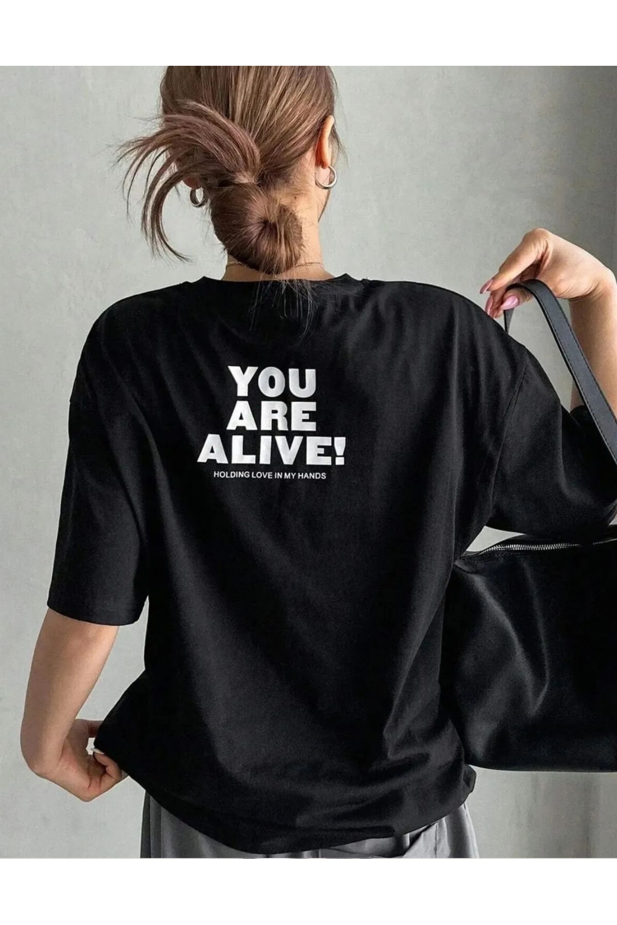 NEMESA Unısex Kadın/Erkek You Are Alıve Baskılı Oversize Düşük Kol Bisiklet Yaka T-Shirt