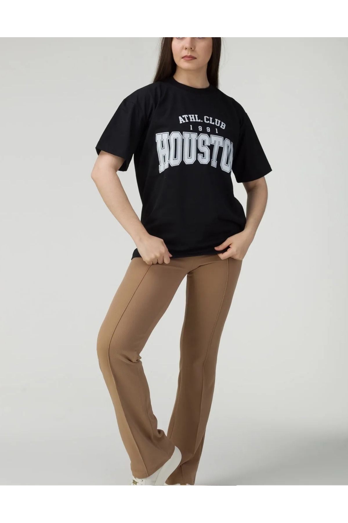 NEMESA Unısex Kadın/Erkek HOUSTON 1991 Yazı Baskılı Oversize Düşük Kol Bisiklet Yaka T-Shirt