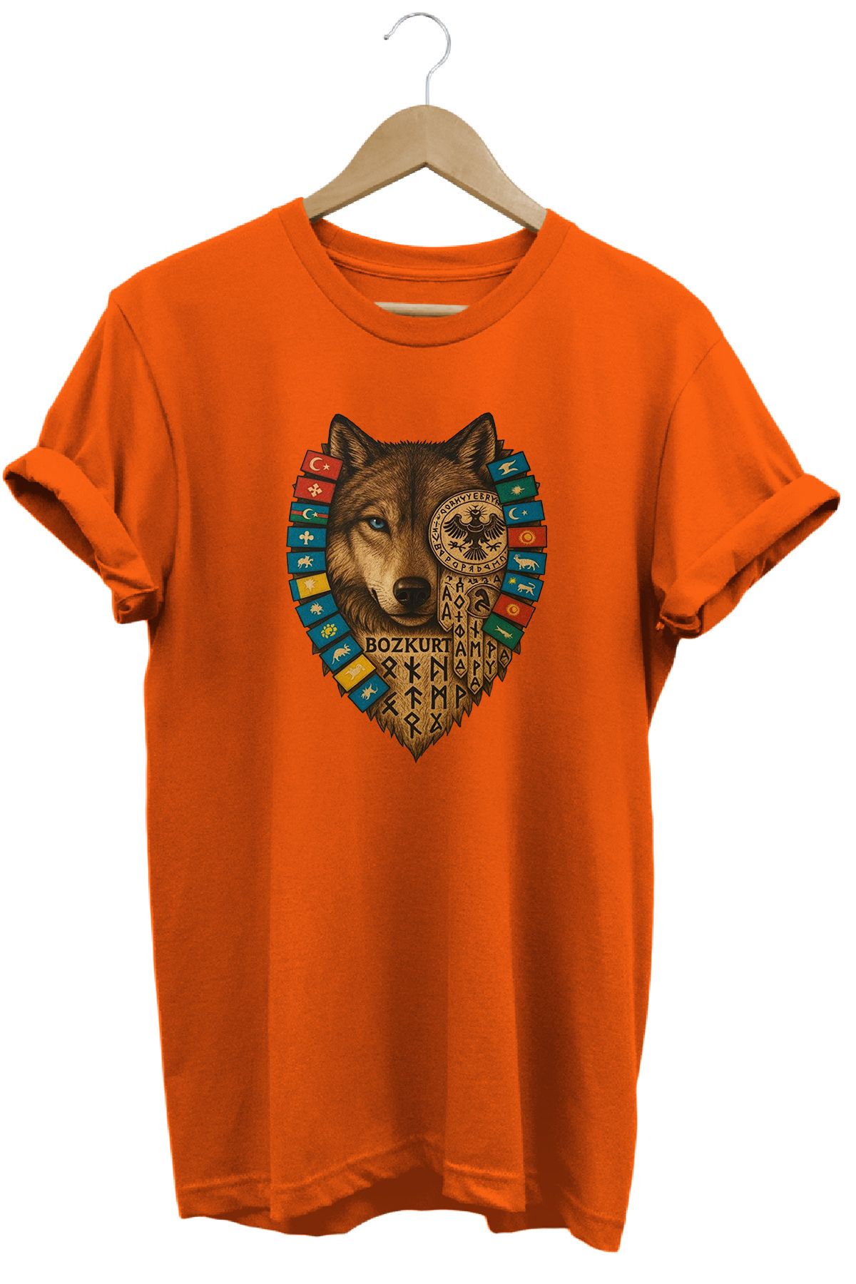 remonz Bozkurt Türk Devletleri Baskılı %100 Pamuk Regular Fit Bisiklet Yaka T-shirt