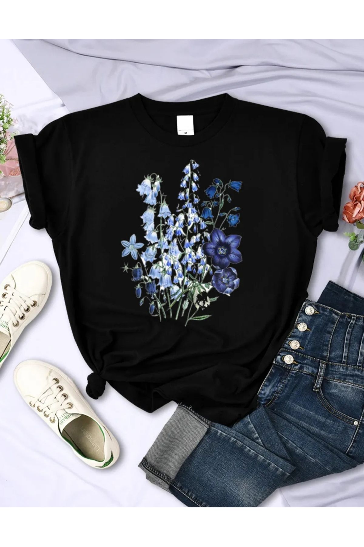 NEMESA Unısex Kadın/Erkek ÇİÇEK Baskılı Oversize Düşük Kol Bisiklet Yaka T-Shirt