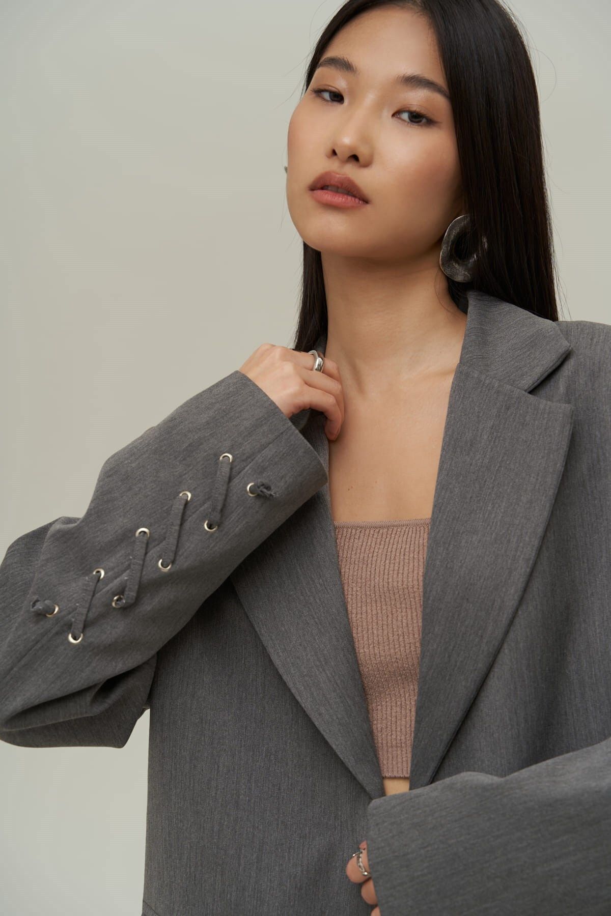 MAİ COLLECTİON-Lana Hook Detail Smoked Blazer Jacket 5