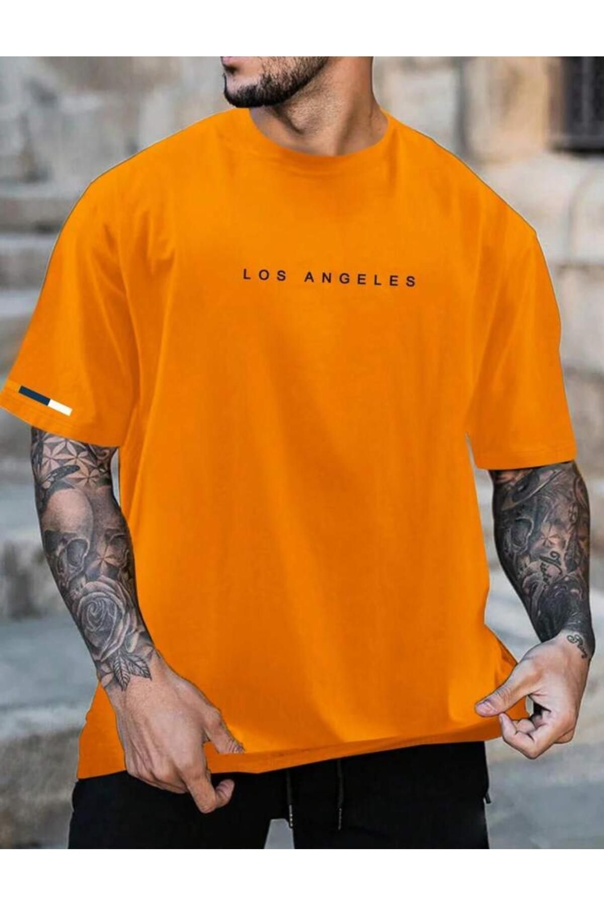 NEMESA Erkek LosAngels Baskılı Oversize Turuncu T-shirt