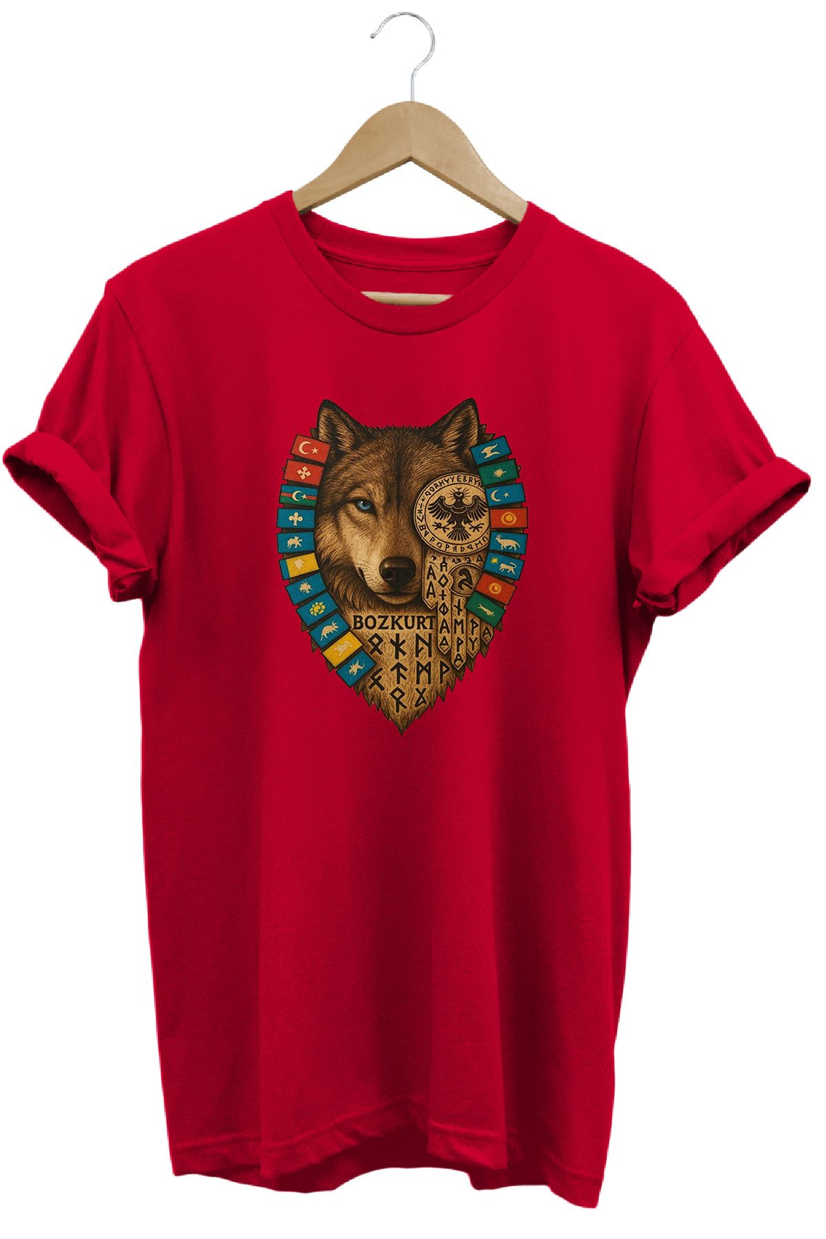 remonz Bozkurt Türk Devletleri Baskılı %100 Pamuk Regular Fit Bisiklet Yaka T-shirt