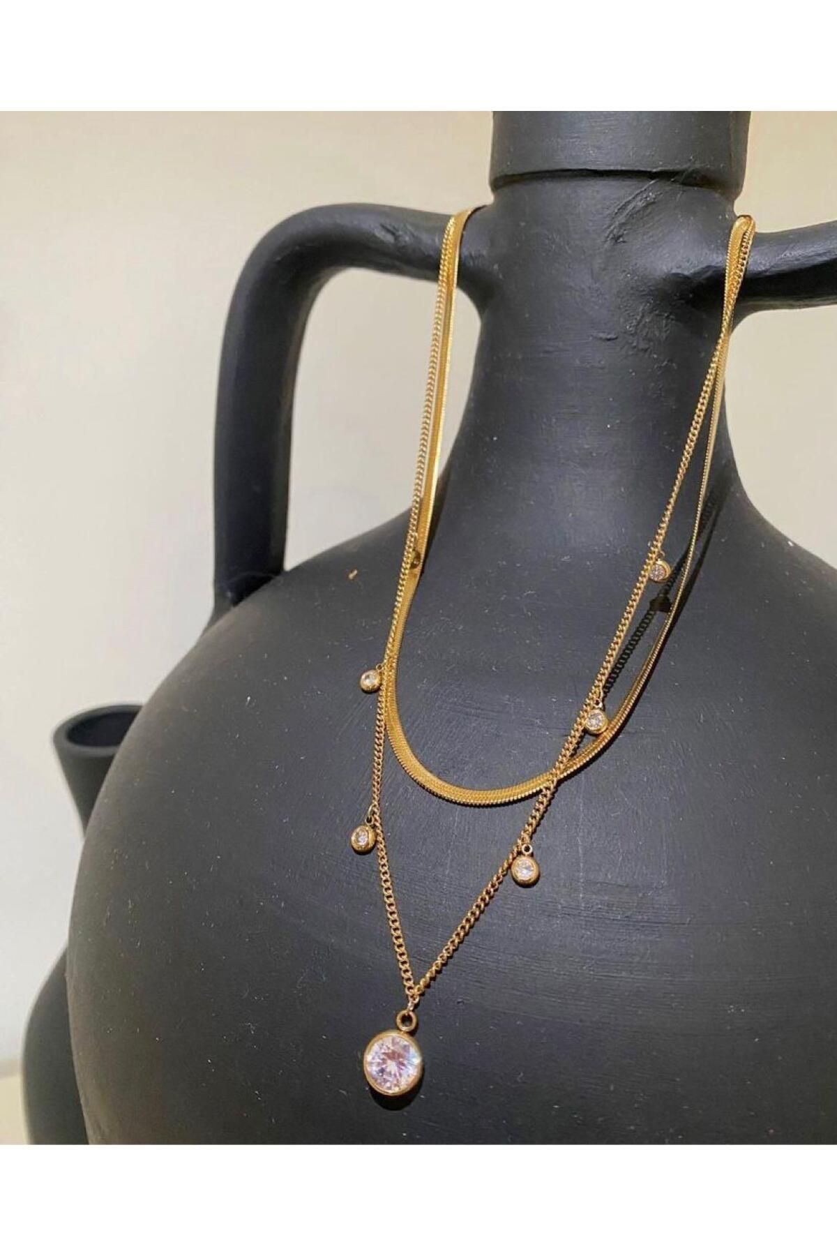 Giz Accesories 2'Lİ İTALYAN ZİNCİRLİ ZİRKON TAŞLI ÇELİK KOLYE
