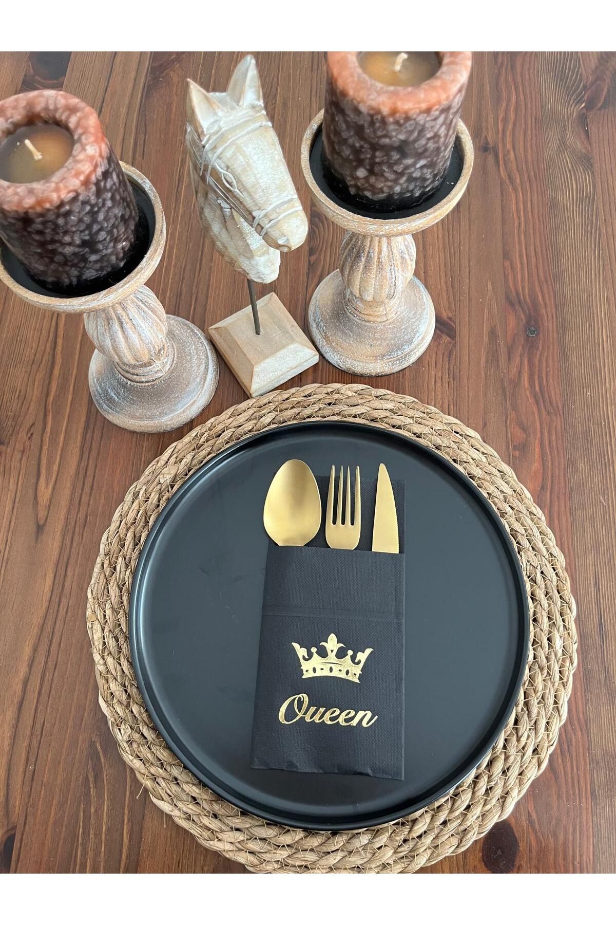 kidspartim Gold Yaldızlı Siyah Queen Taç Detaylı Cepli Kanguru Peçete 12 Adet