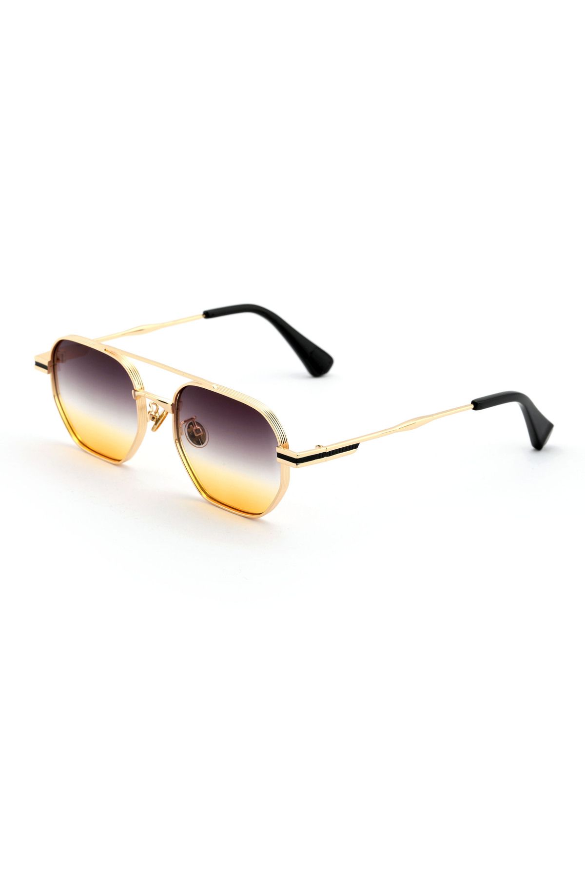 Angel Eyes Geometrik Tasarım Metal Altın Çerçeve Çift Renk Cam(Sarı-Siyah) Cam Unisex Gunes Gozlugu