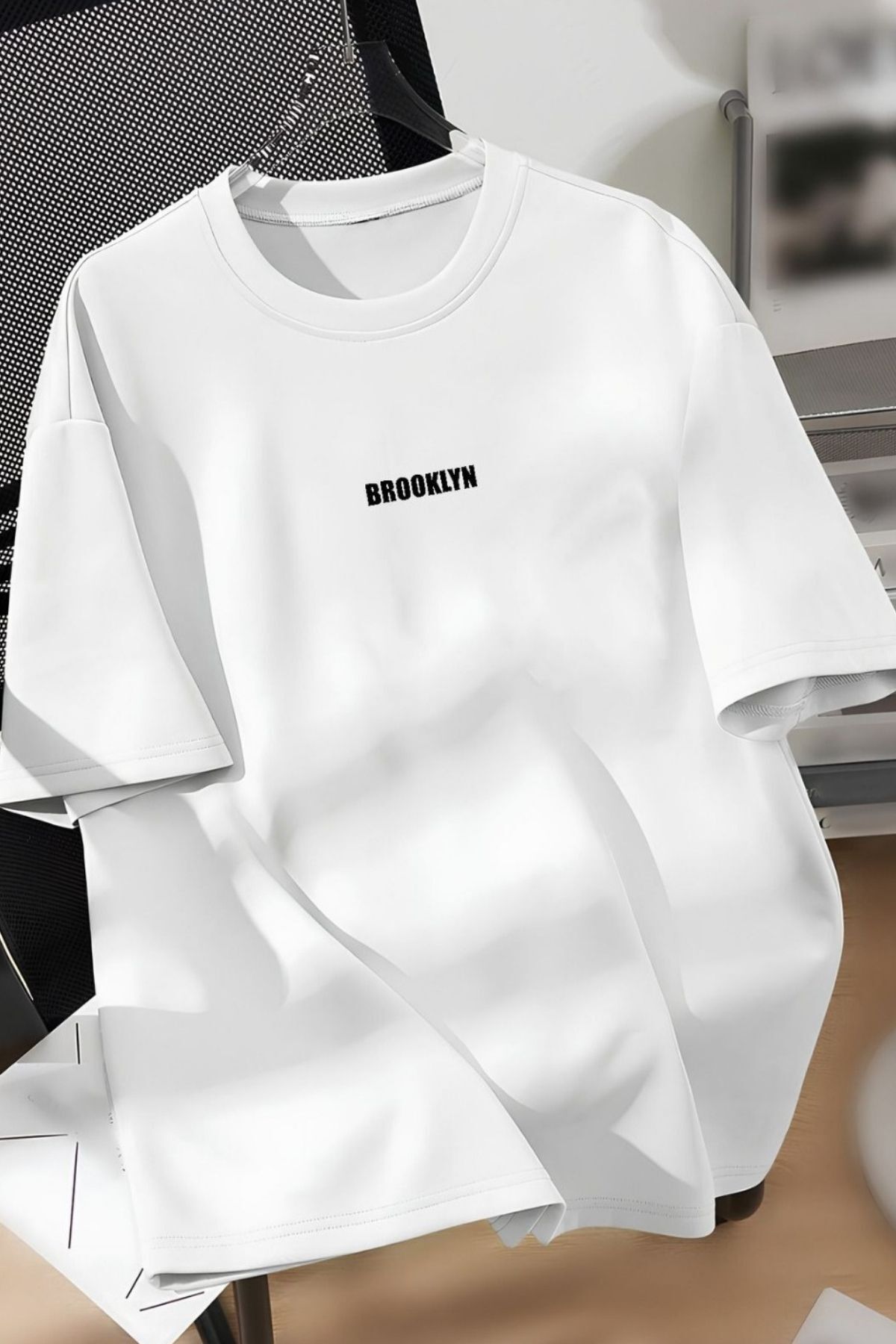 Know Unisex Erkek/Kadın Beyaz BROOKLYN Renkli Özel Baskı Oversize Pamuklu Bisiklet Yaka T-Shirt Tişört
