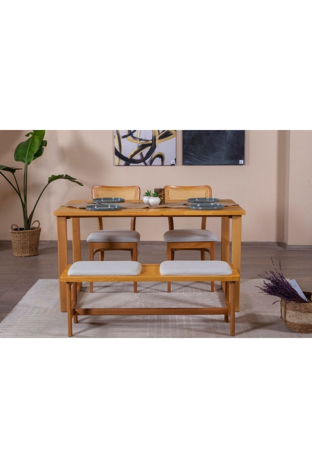 Vivense Hazeran İskandinav Masif Mutfak Masa Takımı, 2 Sandalye 1 Bench, 80X140