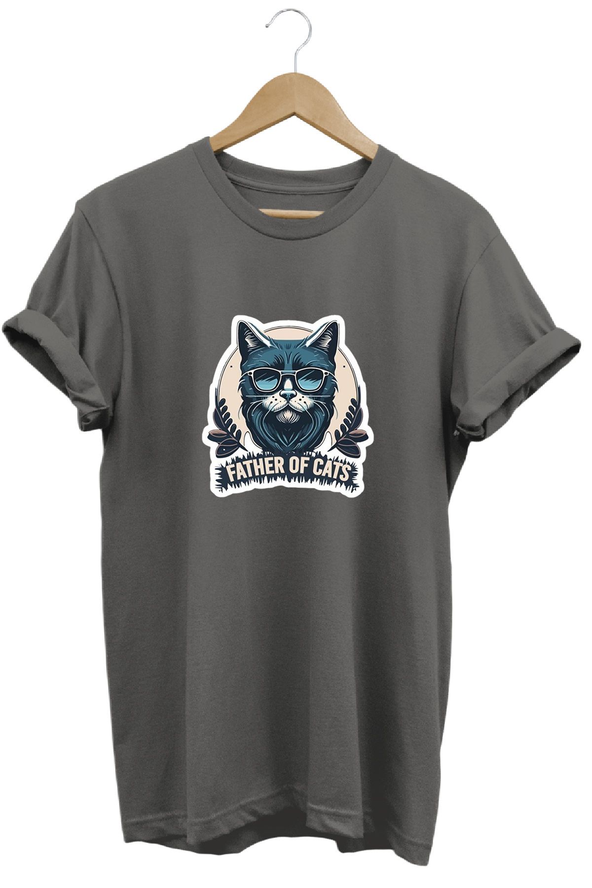 remonz Father of Cats Kedilerin Babası Baskılı %100 Pamuk Regular Fit Bisiklet Yaka T-shirt
