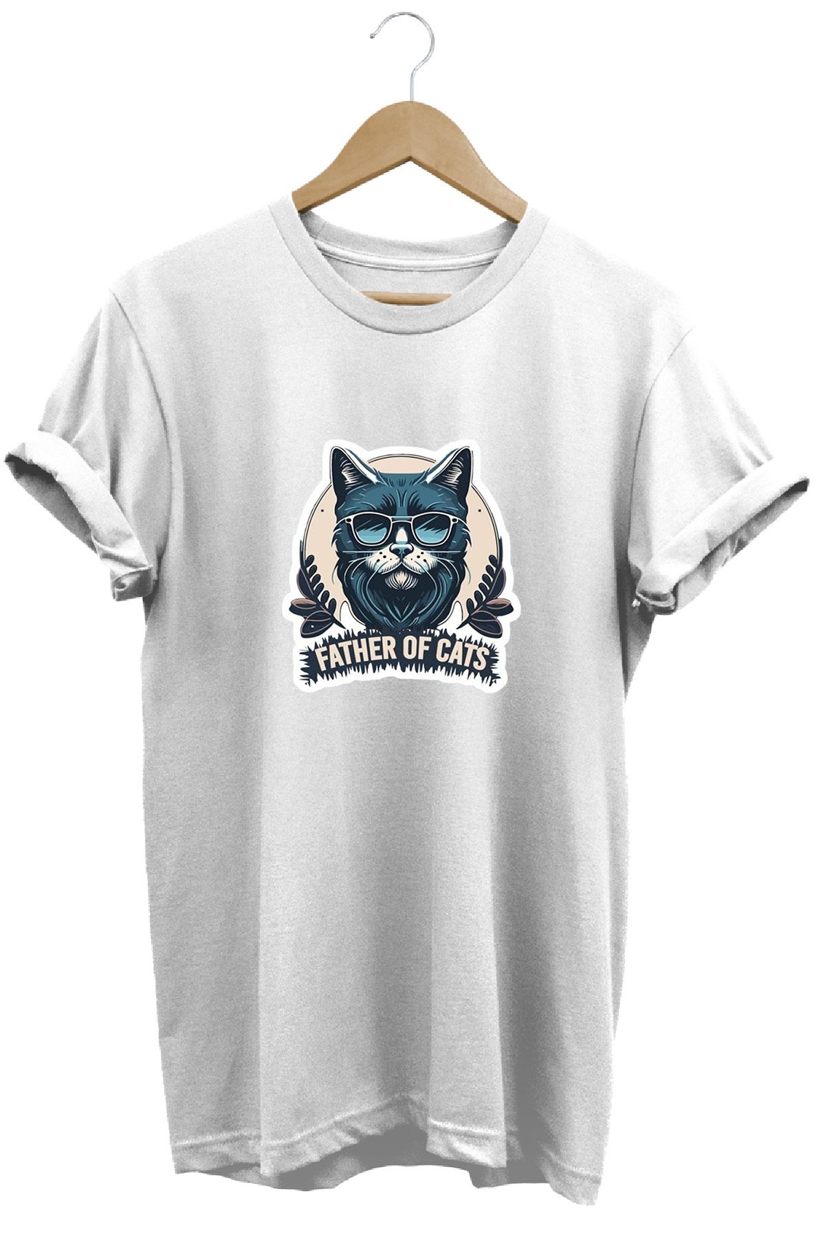 remonz Father of Cats Kedilerin Babası Baskılı %100 Pamuk Regular Fit Bisiklet Yaka T-shirt