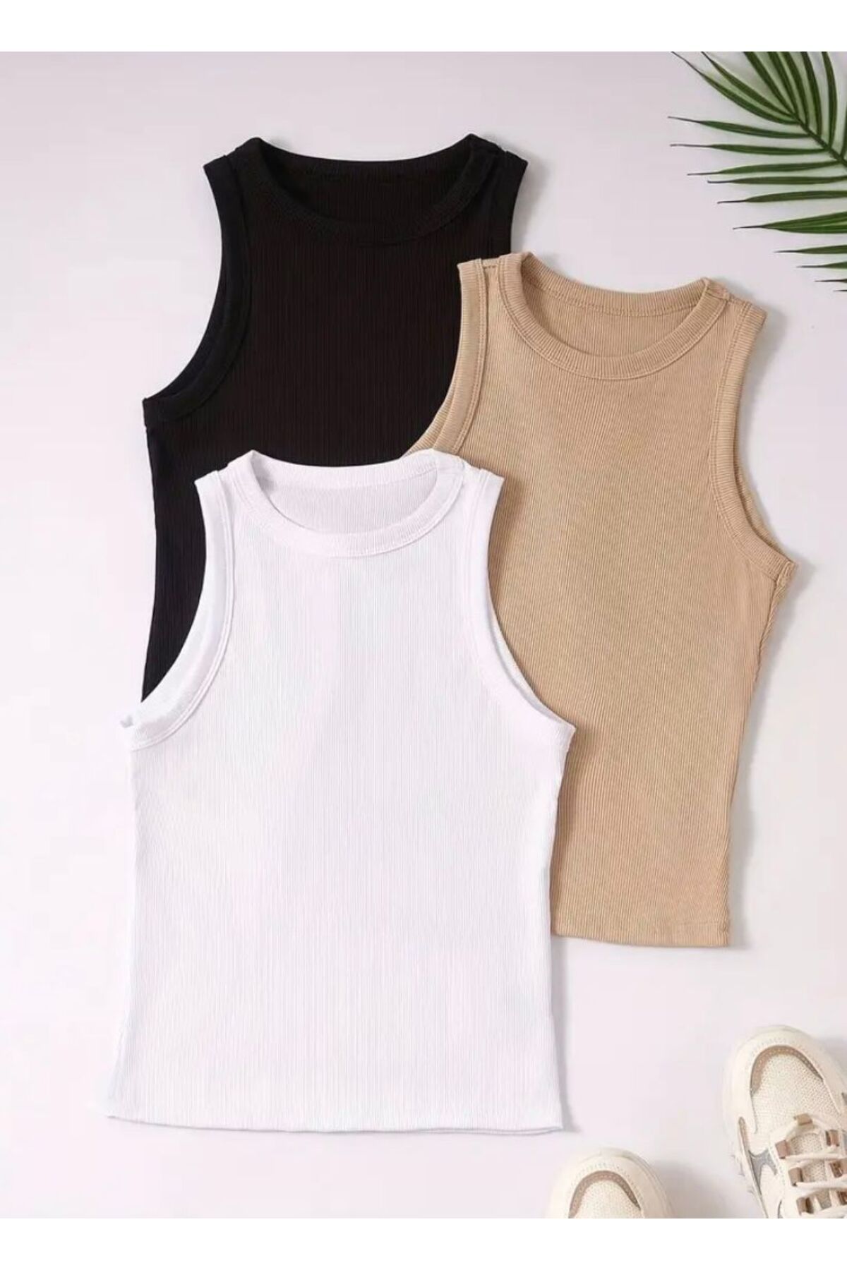 DEZ MODA 3'lü Halter Yaka Pamuklu Premium Doku Kaşkorse T-shirt Atlet ( BEYAZ, SİYAH, CAMEL)