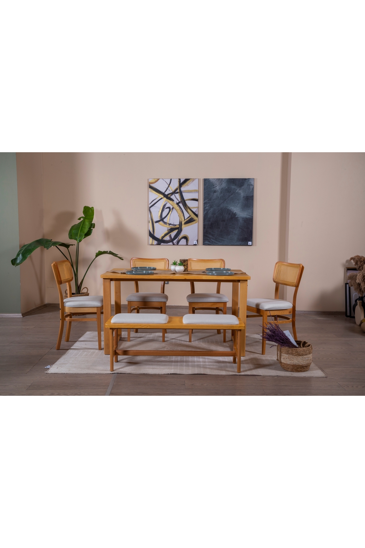 Vivense HAZERAN İSKANDİNAV MASA TAKIMI, 4 SANDALYE 1 BENCH, 80X160