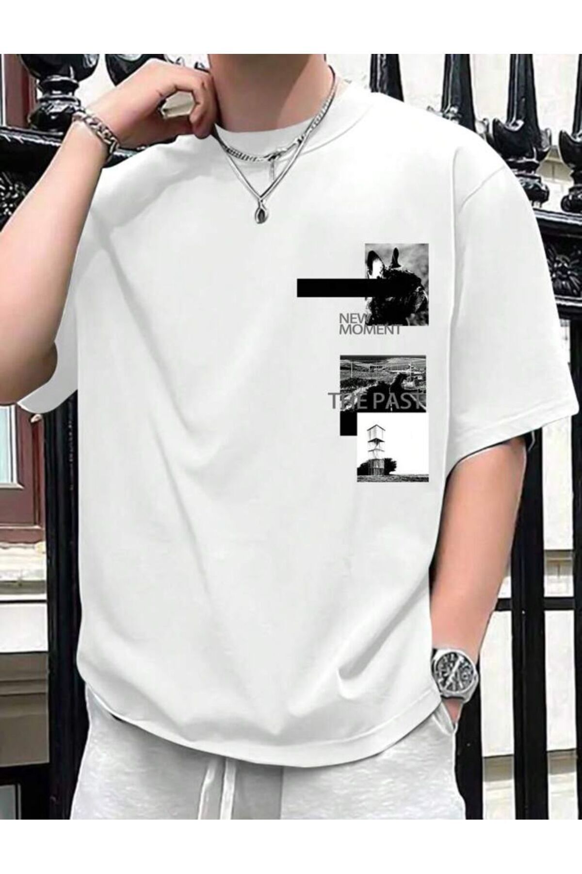 NEMESA Unısex NEW MOMENT THE PAST Baskılı Oversize Bisiklet Yaka T-Shirt