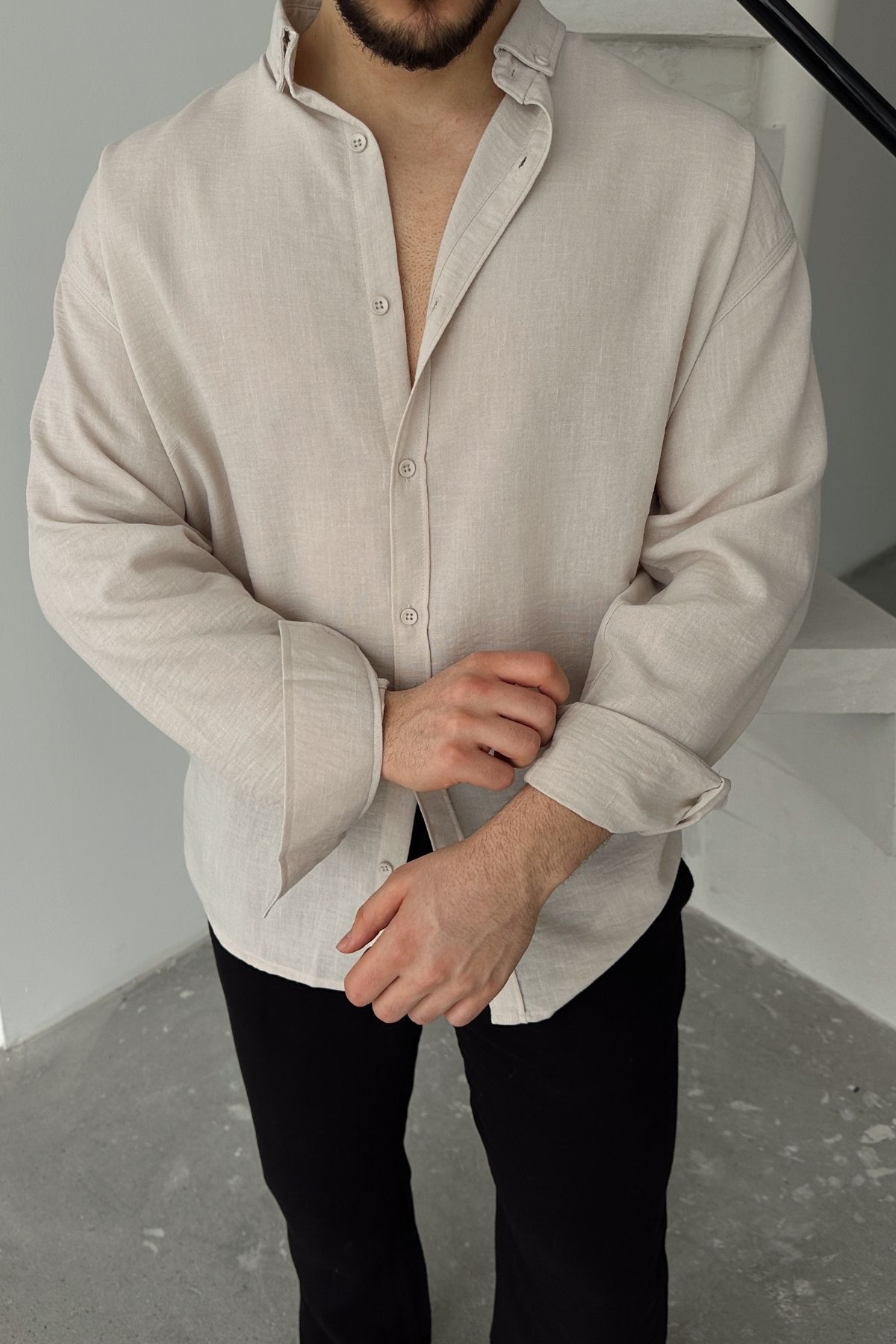 Livio Ferri  Napas Erkek Oversize Keten Görünümlü Gömlek - Görsel 6