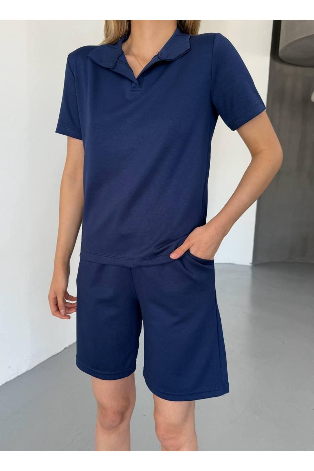 NEAR Modal Kumaş Yakalı Kısa Kollu Kadın Eşofman Takımı, Şortlu, Bağcıklı Yumuşak Kumaş, Modern Tasarım