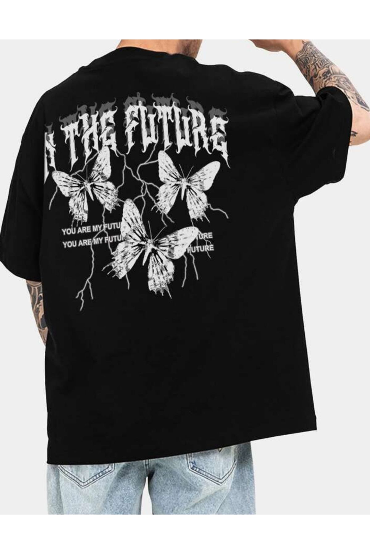 NEMESA Unısex Kadın/Erkek Baskılı Oversize Düşük Kol Bisiklet Yaka T-Shirt