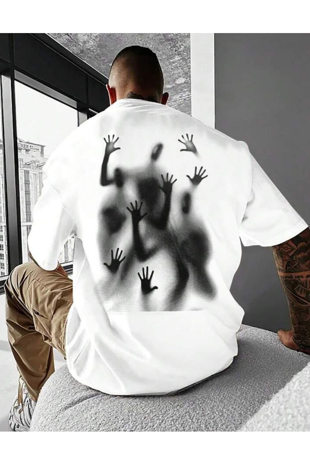 NEMESA Unısex Kadın/Erkek Baskılı Oversize Düşük Kol Bisiklet Yaka T-Shirt