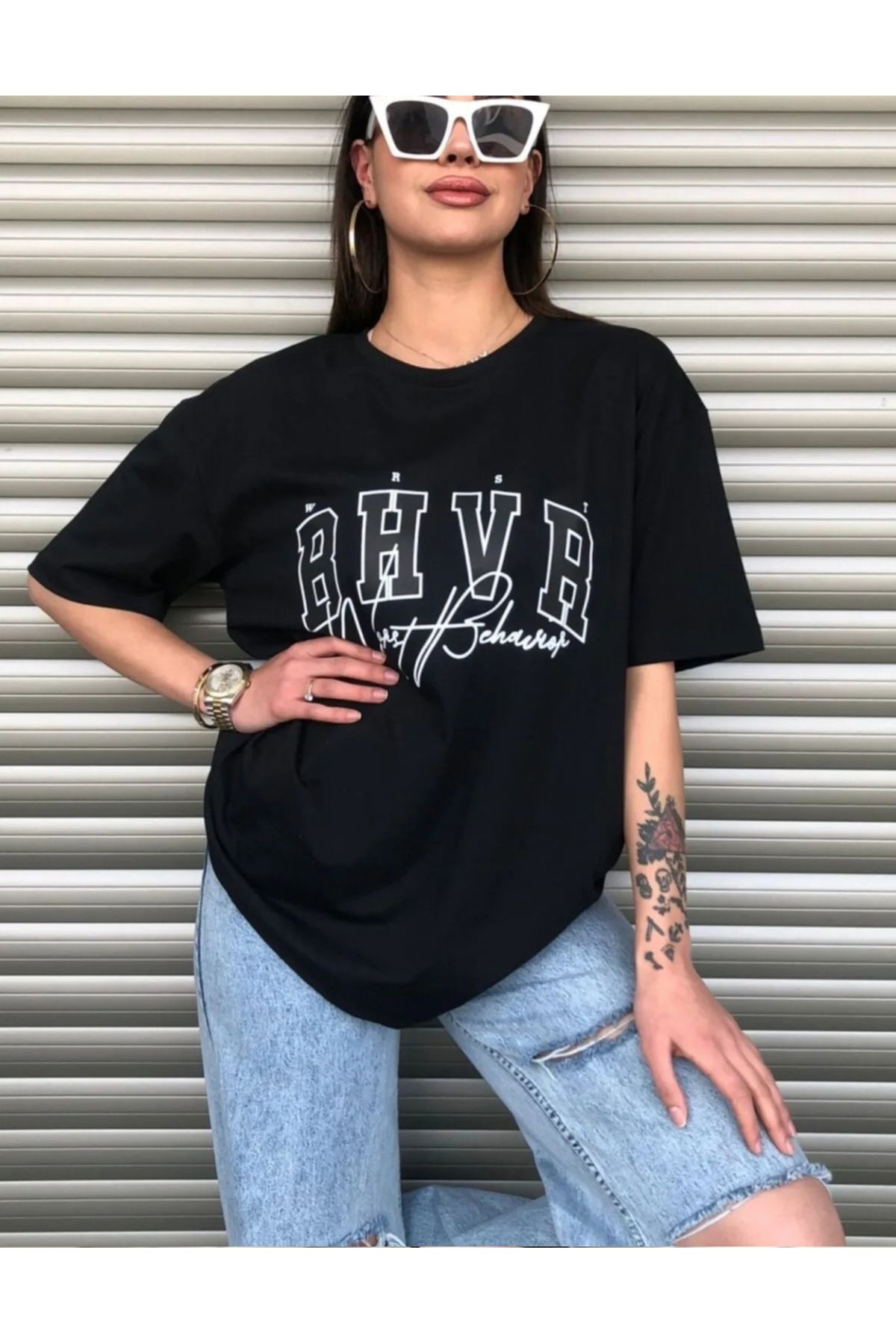 NEMESA Unısex Kadın/Erkek BHVR Baskılı Oversize Düşük Kol Bisiklet Yaka T-Shirt
