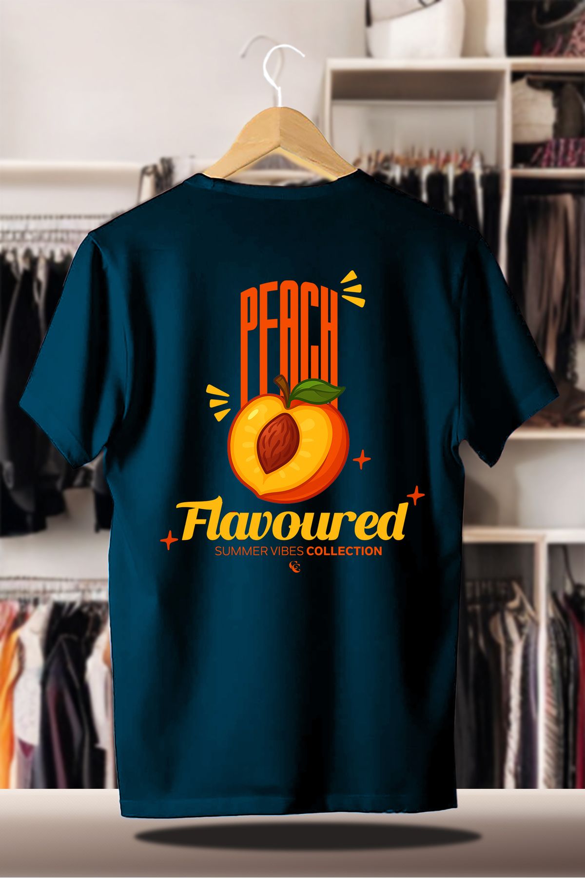 C&C OKULCUNUZ Pamuklu Oversize Baskılı 3 İplik Şardonlu İndigo T-Shirt | Summer Yaz Peach Şeftali Flavoured