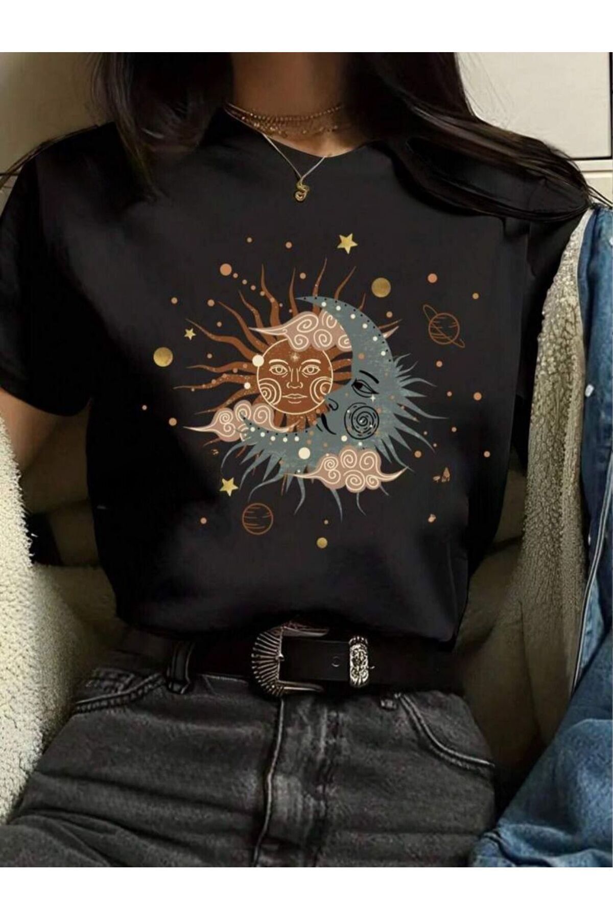 NEMESA Kadın Güneş Ve Ay Baskılı Oversize T-Shirt