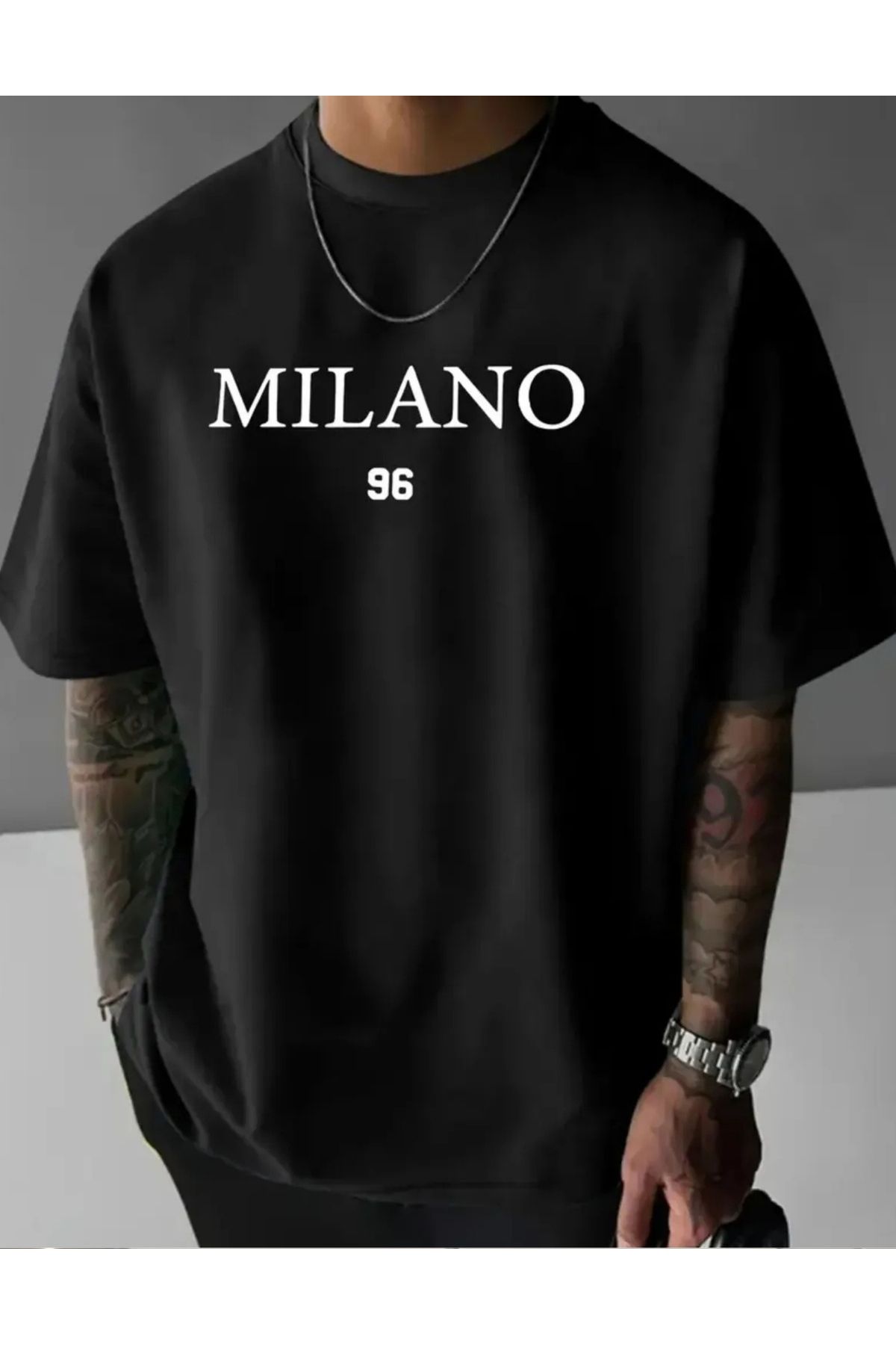 NEMESA Unısex Kadın/Erkek MİLANO 96 Baskılı Oversize Düşük Kol Bisiklet Yaka T-Shirt