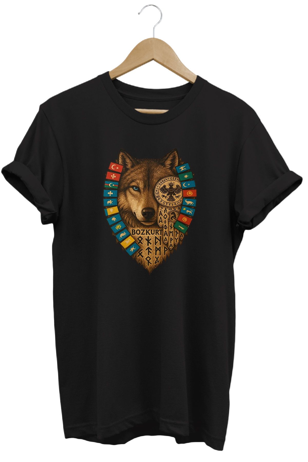 remonz Bozkurt Türk Devletleri Baskılı %100 Pamuk Regular Fit Bisiklet Yaka T-shirt