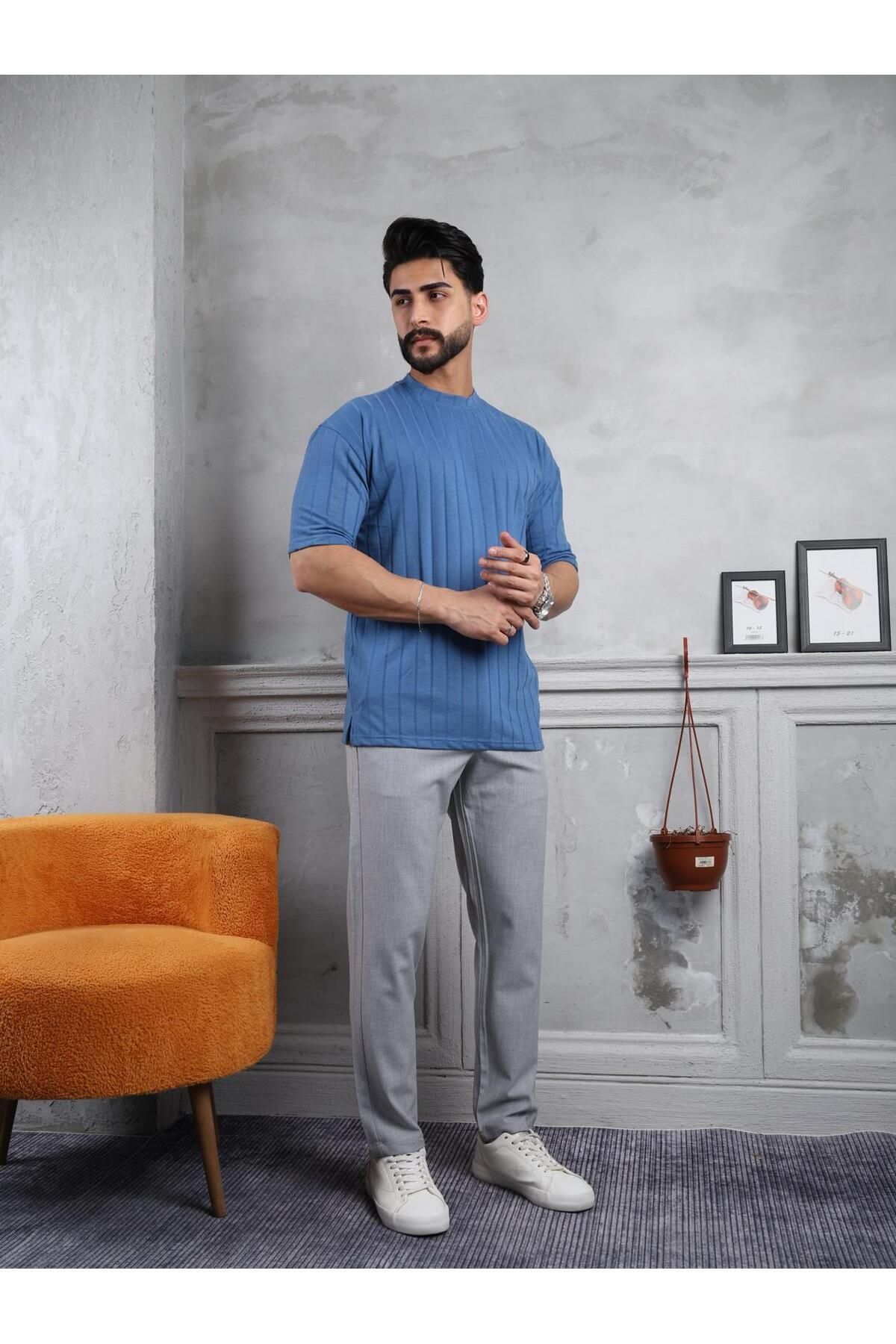 Anılfashion Erkek Pamuklu Oversize Mavi Nefes Alan Triko Tişört