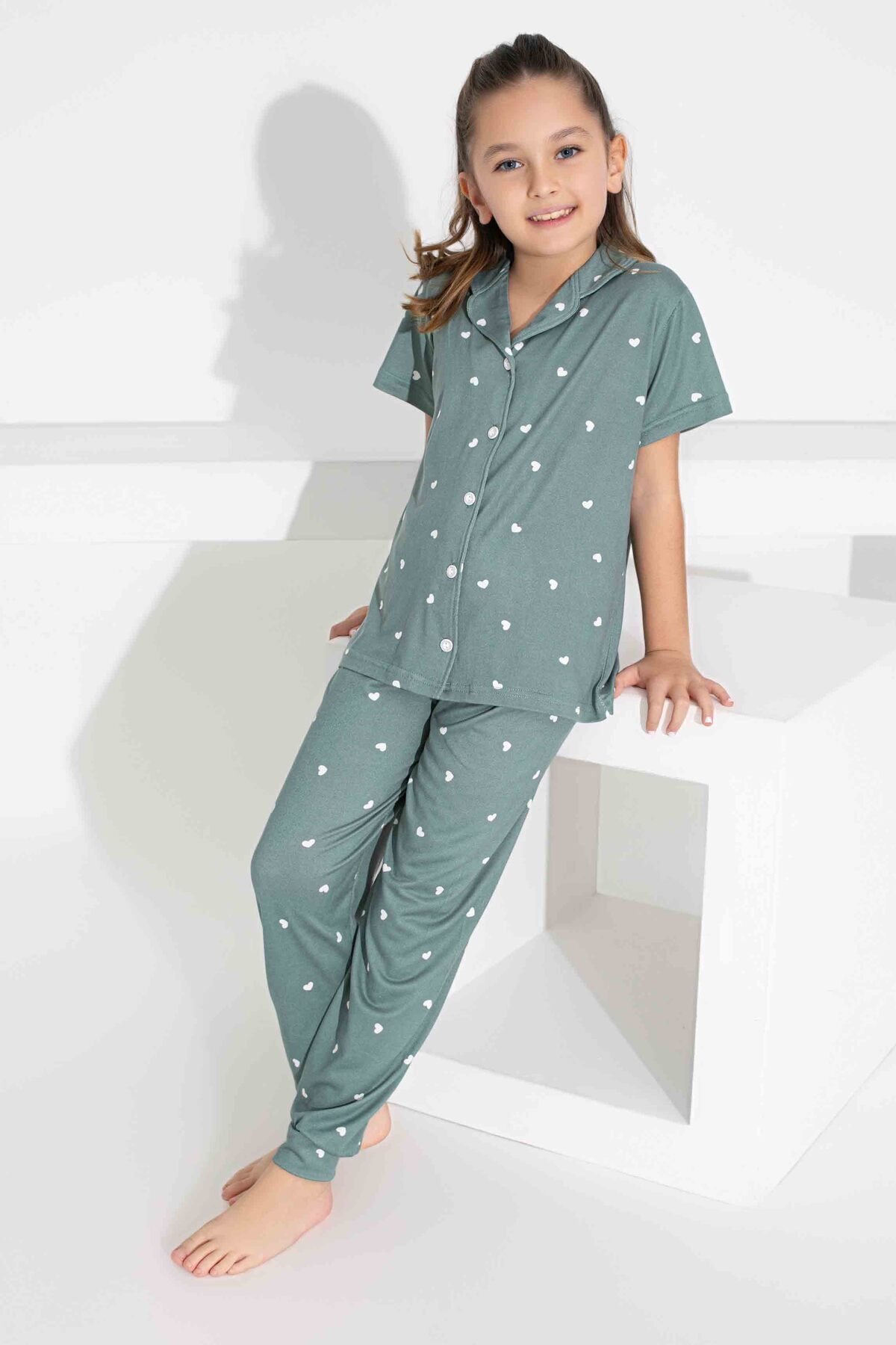 Tarık-Mother Daughter Combination Short Sleeve Shirt Long Bottom Milan Fabric Medium Thick Pajamas Set-2909 6