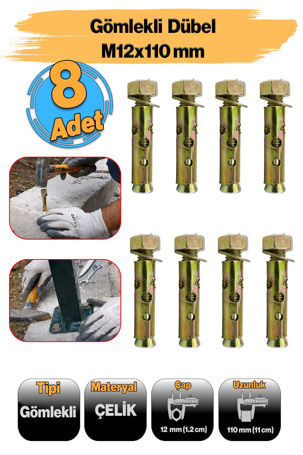Badem10 Saplamalı Gömlek Çelik Dübel 8 Adet M12x110 mm Raf Montaj Bağlantı Zemin Monte Sabitleme Aparat