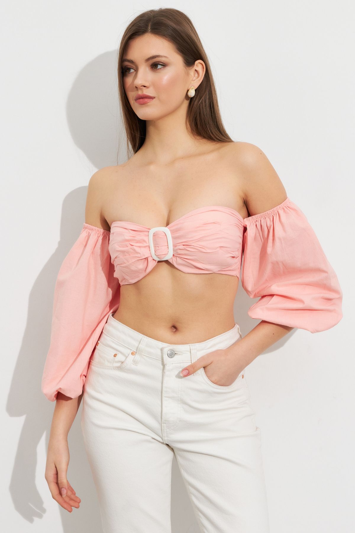 Cool & Sexy Kadın Pudra Balon Kol Crop Bluz ROP111